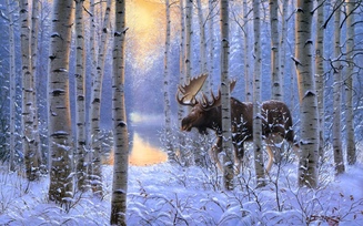 лось, лес, on the move, зима, живопись, снег, животные, Derk hansen