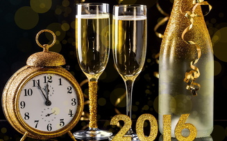 2016, праздник, новый год, золото, часы, шампанское, бокалы